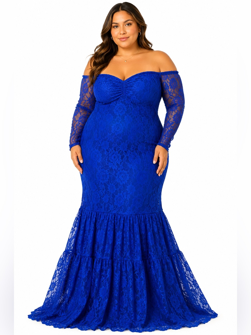 Y2K Vintage Lace Mermaid Maxi Dress Fishtail Hem (Royal Blue) Size 1X
